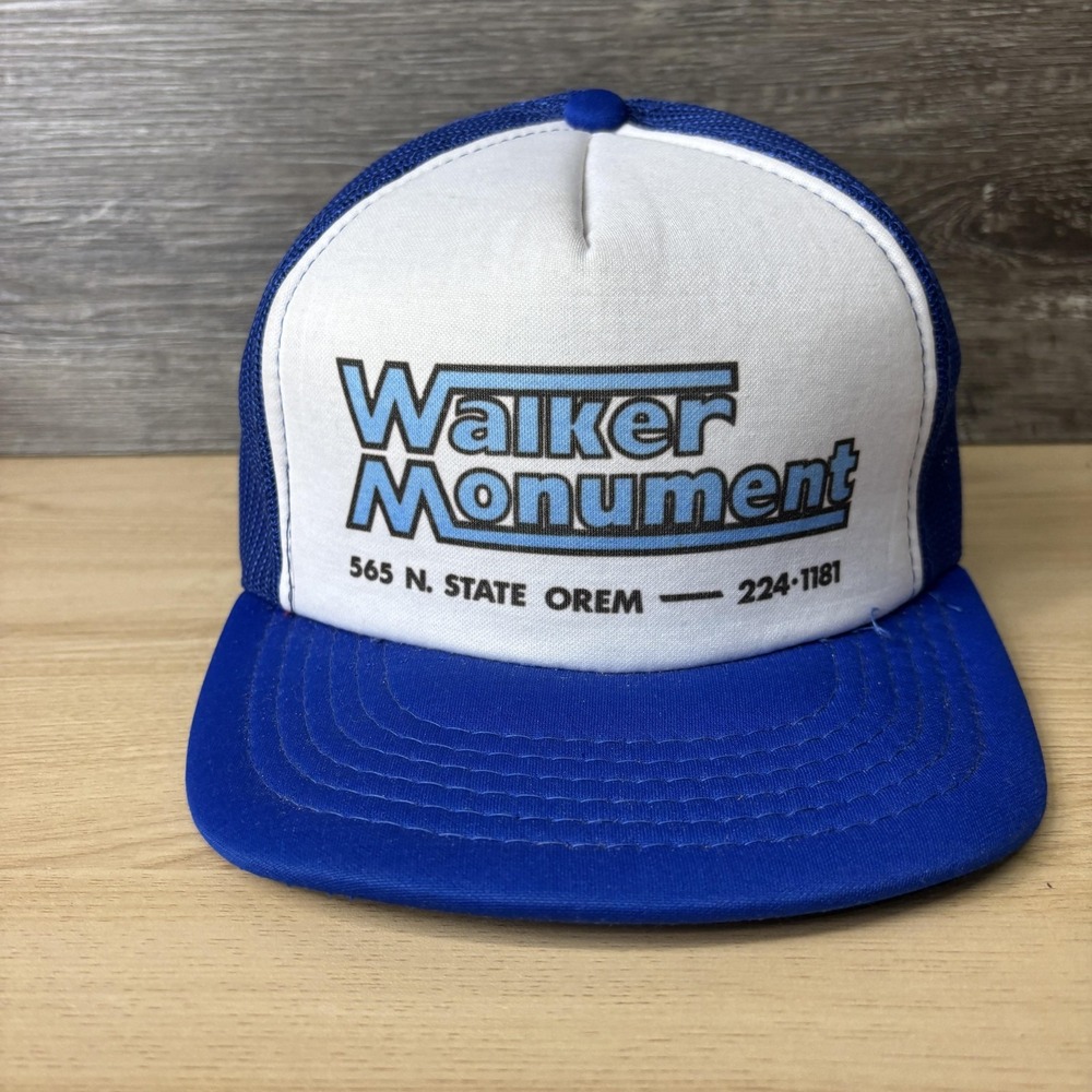 Vintage Walker Monument Hat Cap Snap Back Blue Trucker Advertising Orem Utah 90s